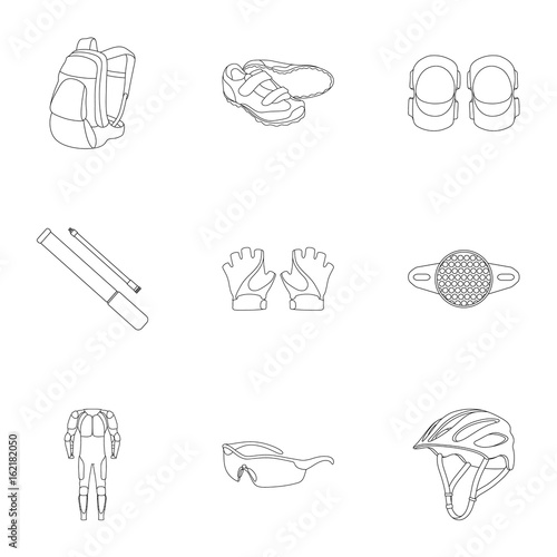 Icons of Cycling, bike. Set for bike, backpack protection, repair, form. Cyclist outfit icon in set collection on outline style vector symbol stock illustration.