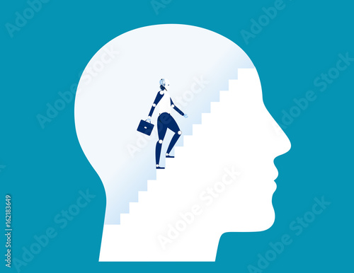 Robot climbing stairs inside human head. Concept business vector illustration.