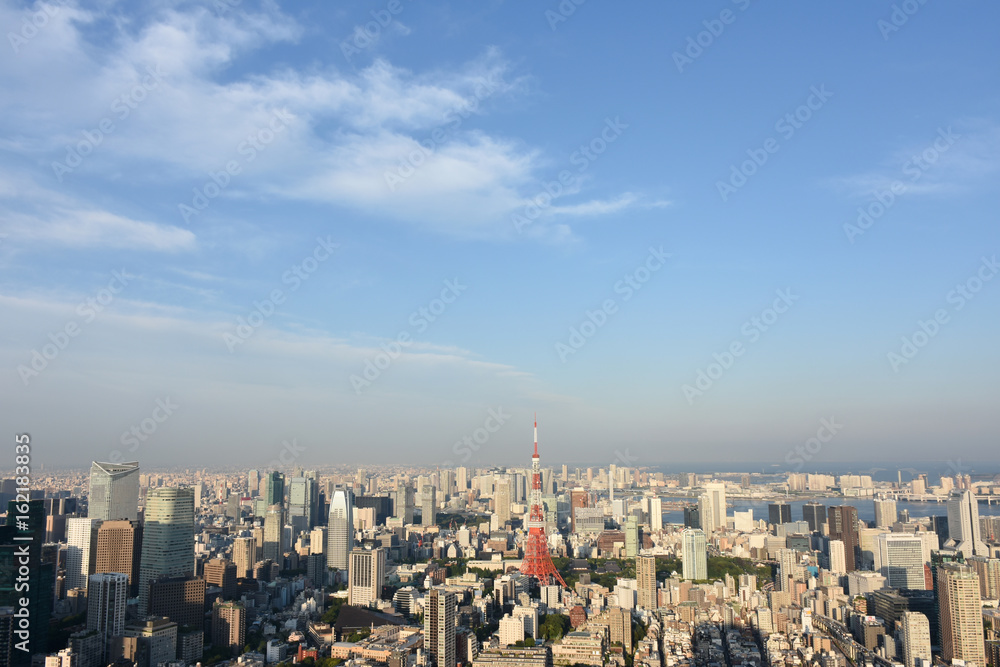 青空と雲・日本の東京都市景観（江東区や港区方面などを望む）
