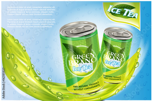 Ice tea products ad. Vector 3d illustration. Soft drink aluminium can template design. Green tea bottle advertisement poster layout