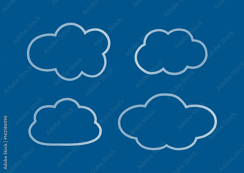 Set of outlines of clouds. Doodle. Four white elements isolated on a blue background. Set of outlines of clouds. Doodle. Four white elements isolated on a blue background.
