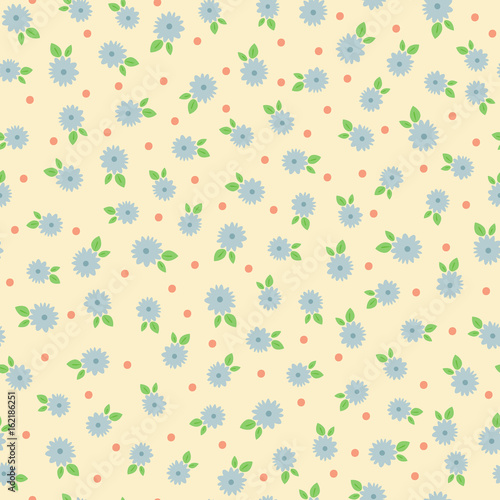 Randomly scattered little flowers with leaves and dots. Floral seamless pattern.
