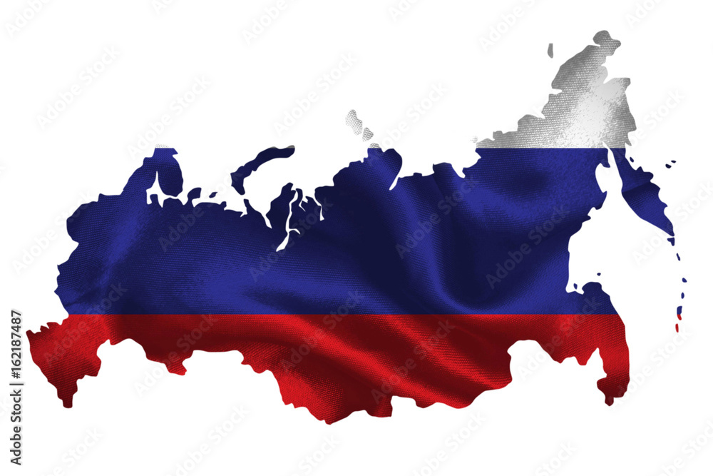 Map of Russia with national flag on fabric surface