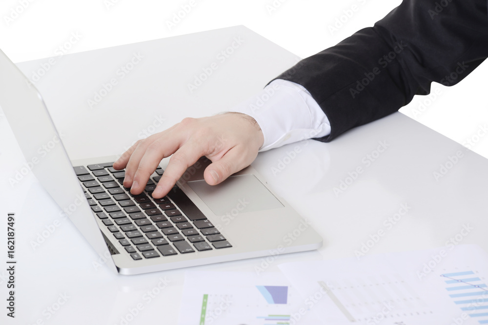 business man working on desk with computer and documents business man working on desk with computer and documents