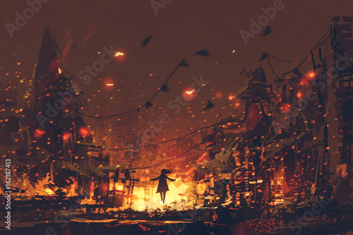 silhouettes of woman on burning village background, digital art style, illustration painting photo