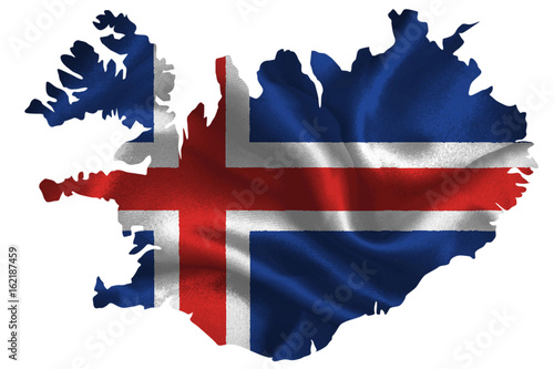 Photo Map of Iceland with national flag on fabric surface