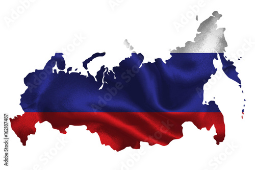 Map of Russia with national flag on fabric surface