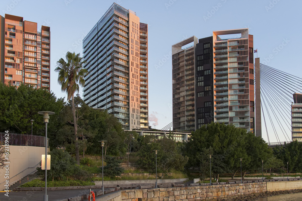 Apartment buildings at Pyrmont in Sydney, Australia. Apartment blocks Sydney, Australia