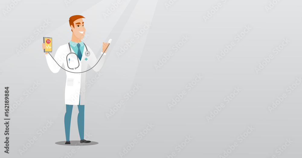 Doctor showing app for measuring heart pulse.