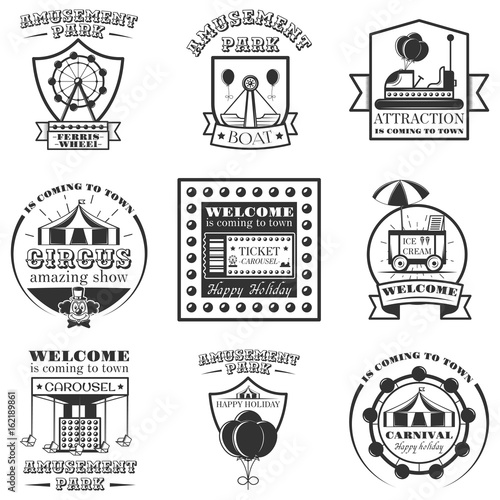 Vector set of amuesment park labels and design elements in vintage style. Black and white amusement park symbols, logos, bages and design element