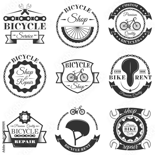 Vector set of bicycle repair shop labels and design elements in vintage black and white style. Bike logo