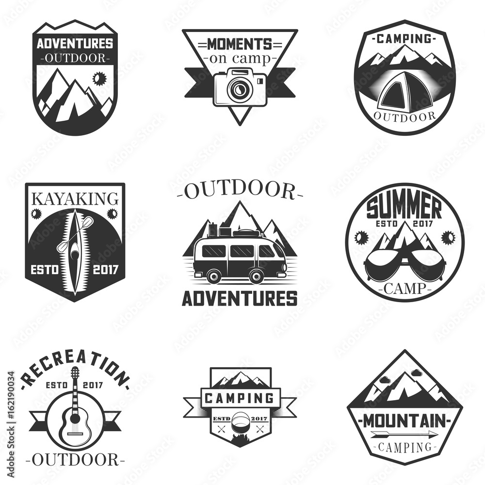 Obraz premium Vector set of outdoor activity, camping and expedition labels in vintage style. Design elements, icons, logo. Camp outdoor adventure illustration.