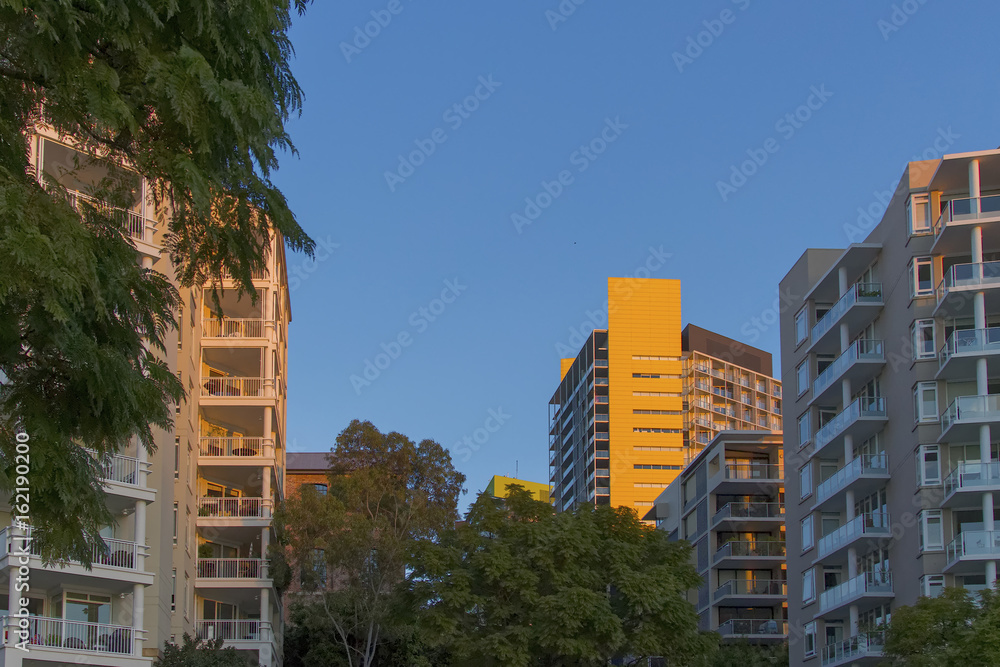Apartment buildings at Pyrmont in Sydney, Australia. Apartment blocks Sydney, Australia