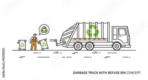 Refuse vehicle with dustbins vector illustration. Garbage truck with dustman and recycle sign graphic design.
