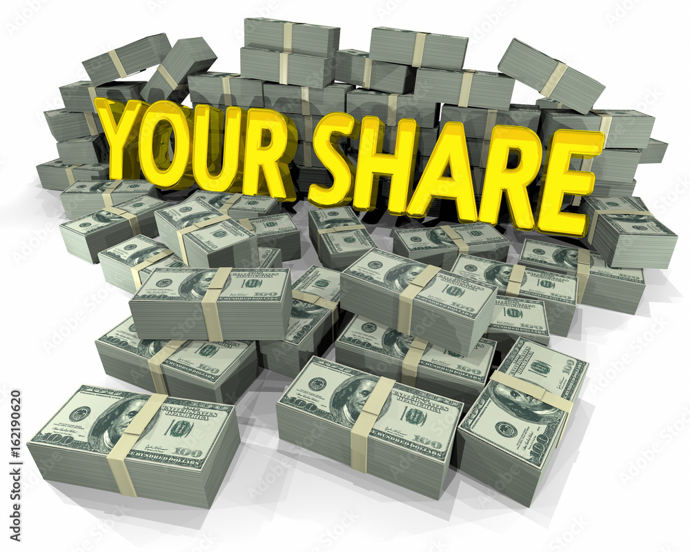 Your Share Money Cash Piles Sharing Wealth 3d Illustration Stock