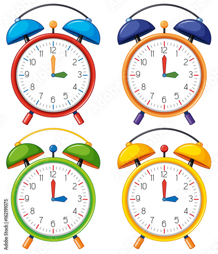 Four alarm clocks with different time