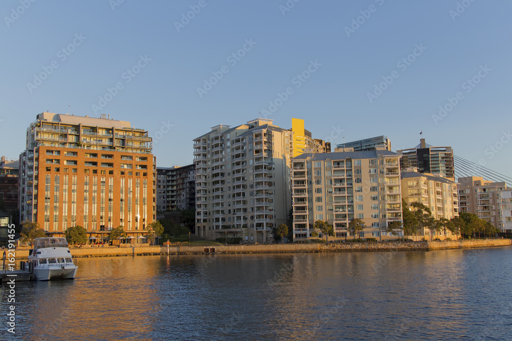 Apartment buildings at Pyrmont in Sydney, Australia. Apartment blocks in the modern suburb of Pyrmont in Sydney, Australia.