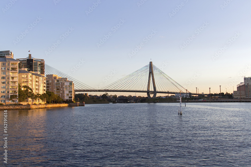 Anzac Bridge at sunset in Sydney Australia seen from Pyrmont