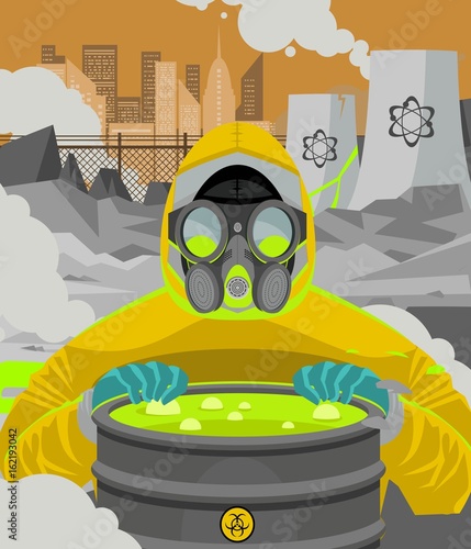 nuclear powerplant meltdown and man in biohazard radiation suit opening a toxic waste barrel