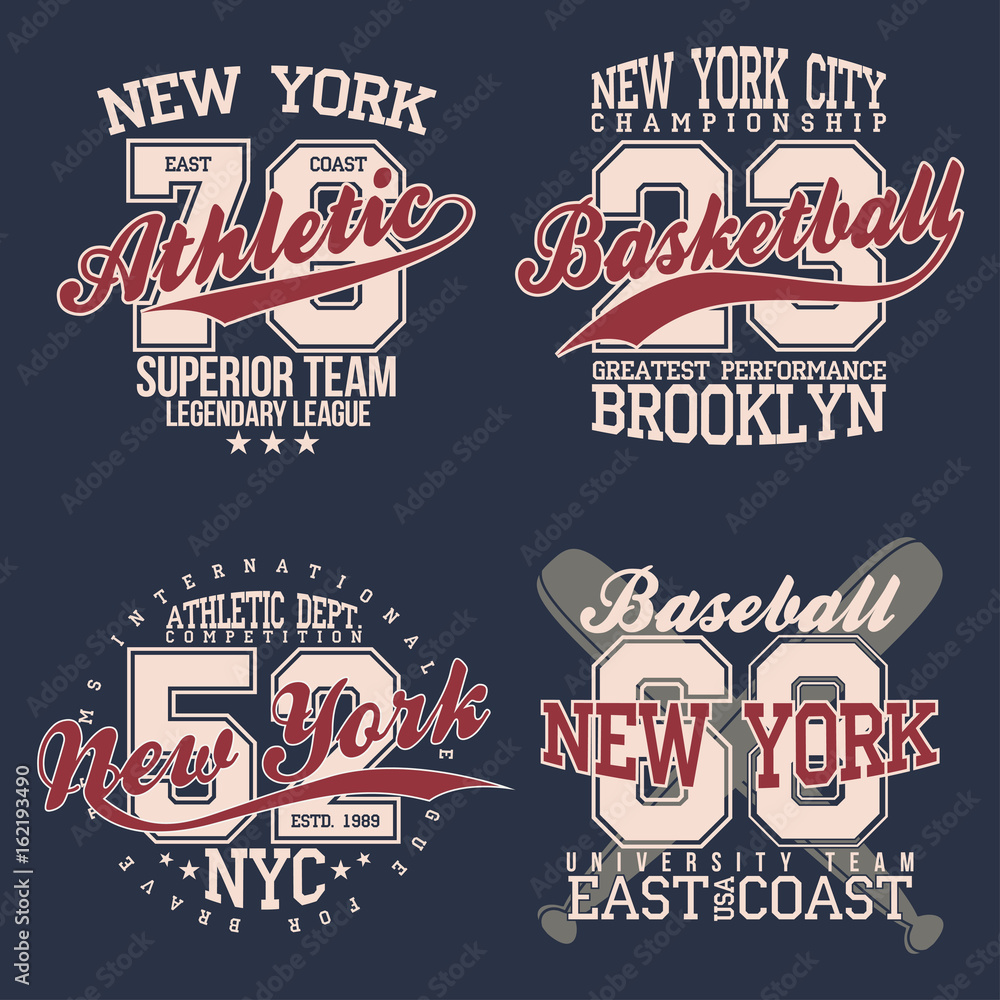 Vintage labels set, athletic sport typography for t shirt print. Varsity style. T-shirt graphic