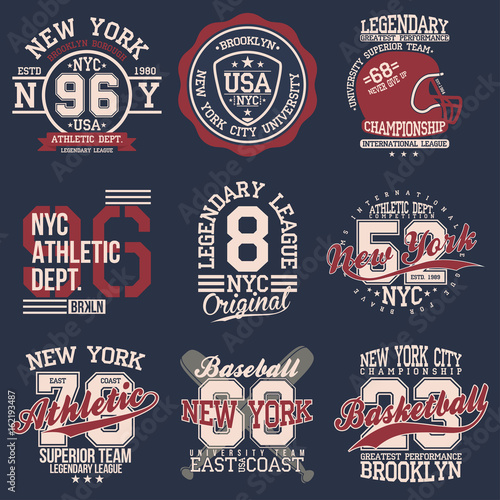 Vintage labels set, athletic sport typography for t shirt print. Varsity style. T-shirt graphic