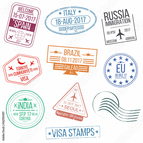 Set of visa passport stamps. International arrivals sign rubber stamps.