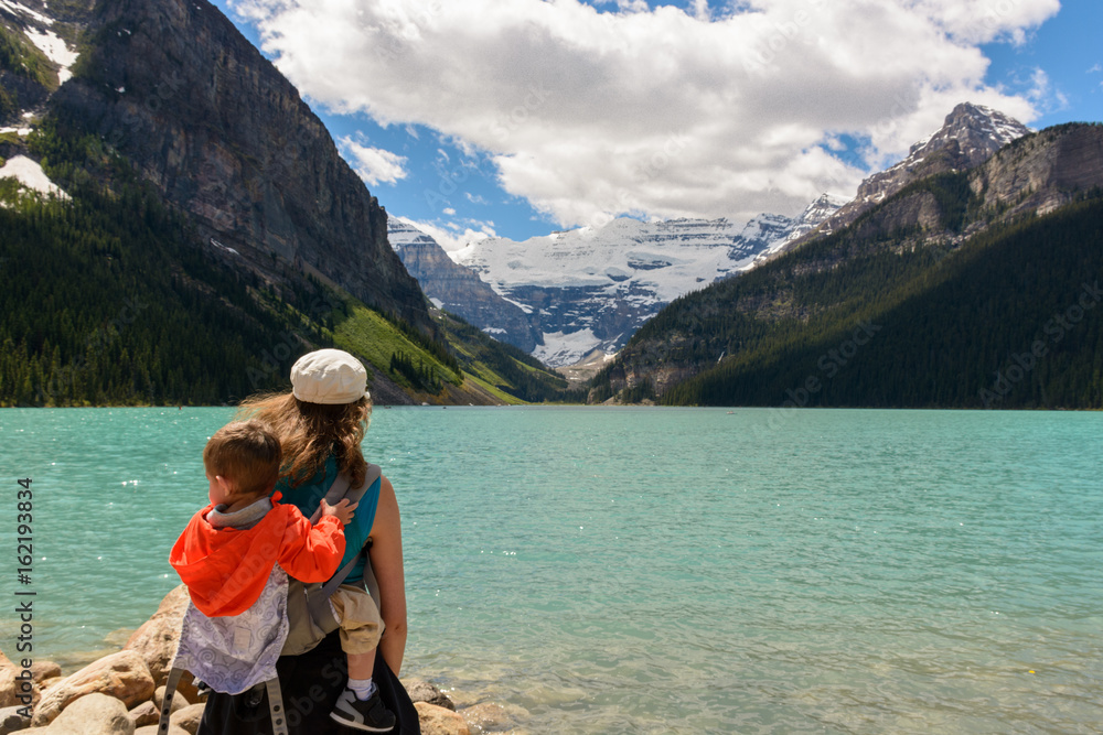 Mother and son admiring the view at Lake Louise