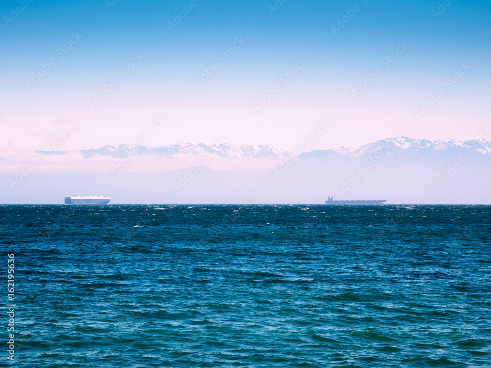 Obraz premium Large cargo ships in the Pacific Ocean against the mountain background