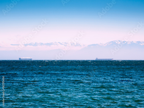 Large cargo ships in the Pacific Ocean against the mountain background