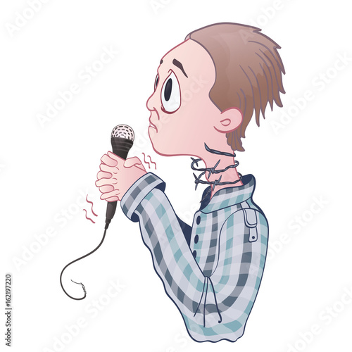 Fear of public speaking, glossophobia. Excitement and loss of voice. Young man with microphone and barbed wire on neck. Vector illustration, isolated on white background.
