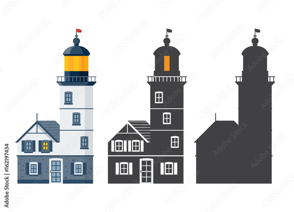 Lighthouse icon in different styles. Sea guiding light houses in flat and outline design. Searchlight or beacon cartoon illustration and silhouette.