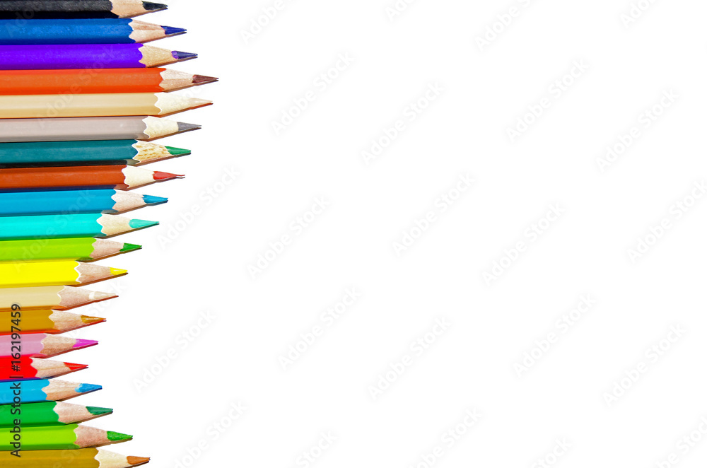 Fototapeta premium Color pencil and pencil with white background and crayon for isolate and cut out the background, Stationery, Color pencil and shavings