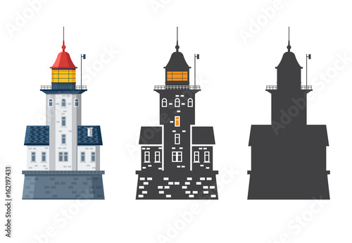 Lighthouse icon in different styles. Sea guiding light houses in flat and outline design. Searchlight or beacon cartoon illustration and silhouette.