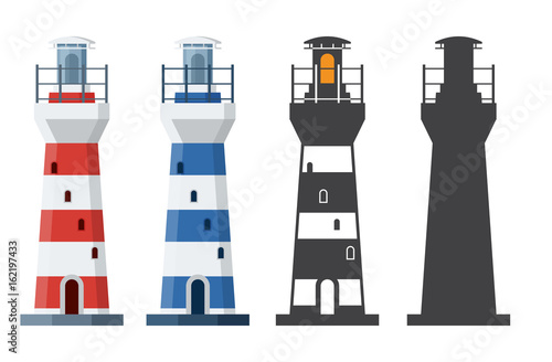 Blue and red striped lighthouse icon in different styles. Sea guiding light houses in flat and outline design. Searchlight or beacon cartoon illustration and silhouette.