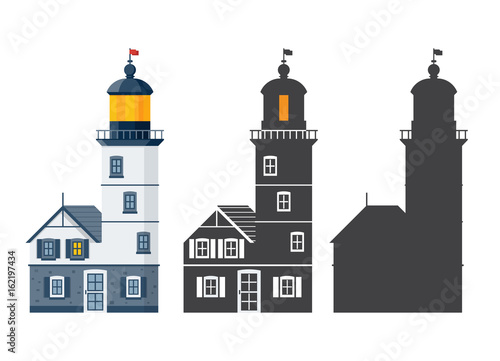 Lighthouse icon in different styles. Sea guiding light houses in flat and outline design. Searchlight or beacon cartoon illustration and silhouette.