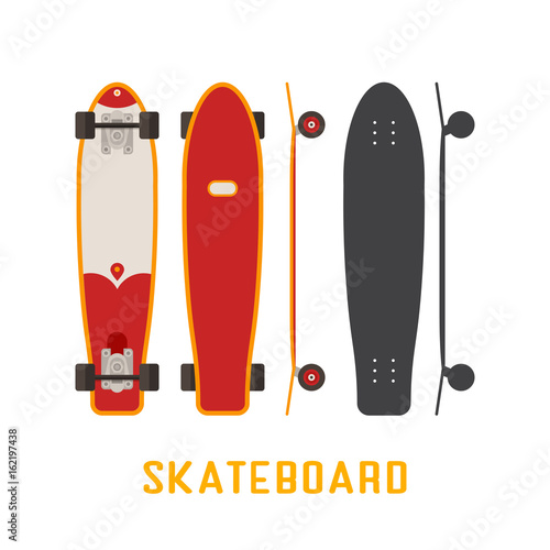 Red longboard skateboard bottom, top and side view. Vector skateboarding deck in flat and outline design.