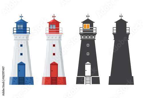 Blue and red lighthouse icon in different styles. Sea guiding light houses in flat and outline design. Searchlight or beacon cartoon illustration and silhouette.