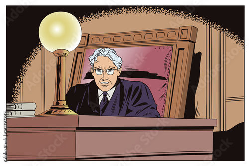 Judge in courtroom. Stock illustration.