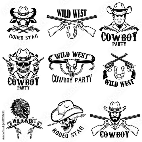 Set of wild west emblems.Cowboy, weapon, native americans. Design elements for label, emblem, sign. Vector illustrations.