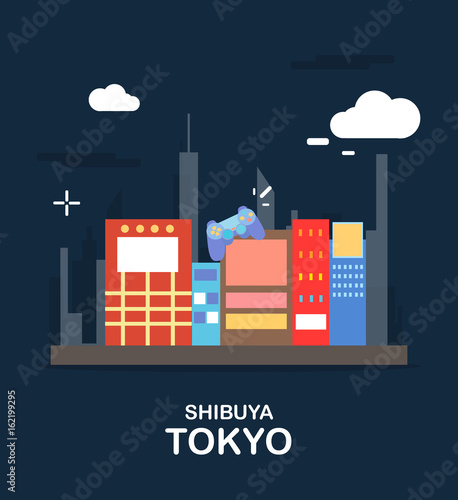 Shibuya tokyo tourist attraction in the night Japan illustration design