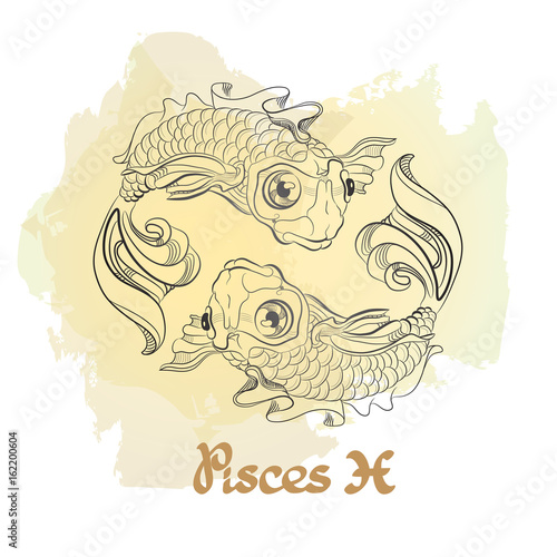 Hand drawn line art of decorative zodiac sign Pisces.