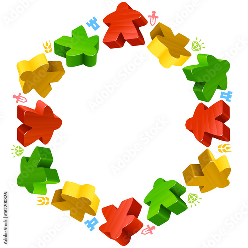 Hex frame of multicolored meeples for board games. Red, yellow and green game pieces, and resources counter icons isolated on white background. Vector border for design boardgames advertisement