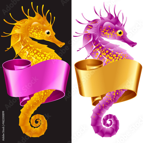 Vector Thorny Seahorse is Wrapped in Swirl Ribbon. Set of Hippocampus and Banner Frame Isolated on Background. Colorful Horse Fish Icon for Beach Party, Sea Vacation, Tourism, Diving, Restaurants
