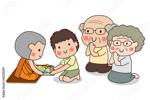 Boy and elderly couple sitting and offering food to Buddhist monk with white background.