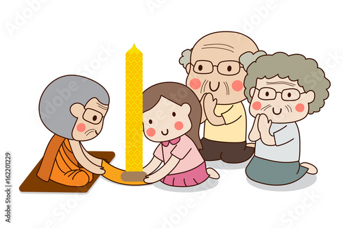 Girl and elderly couple offering Buddhist Lent candle to monk for Rains Retreat or Khao Phansa with white background.