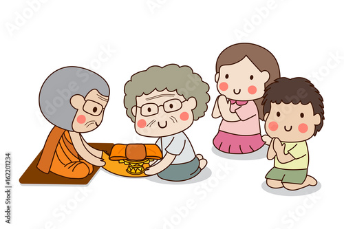 Buddhist elderly woman and children offering robes to monk for Rains Retreat or Khao Phansa with white background.