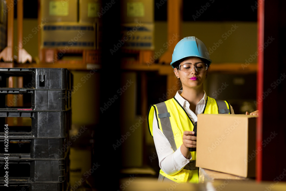 female warehouse worker checking delivering boxes. distribution center. logistics concept. female warehouse worker checking delivering boxes. distribution center. logistics concept.