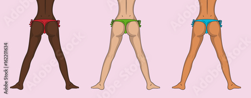 Different nations' girls buttocks and legs. Sexy female ass in bikini. Cartoon vector illustration.