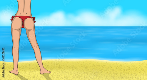 Sexy girl in bikini on the beach. Woman buttocks vector illustration. Female Ass and legs on the sea background.