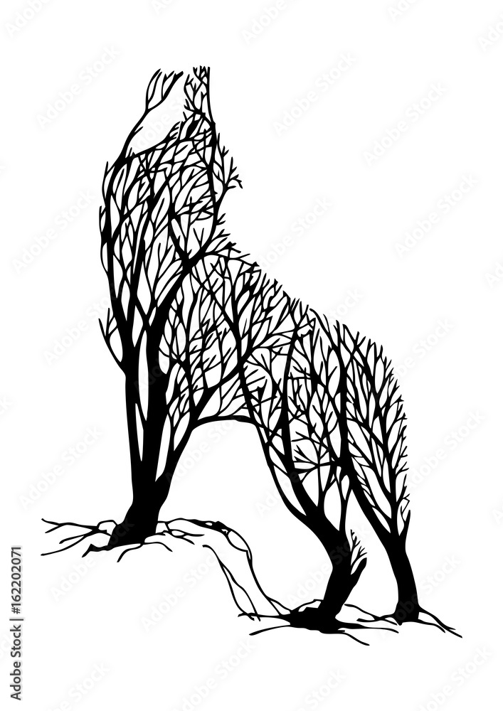 Fototapeta premium Mysterious aggressive Wolf howl silhouette double exposure blend tree drawing tattoo vector